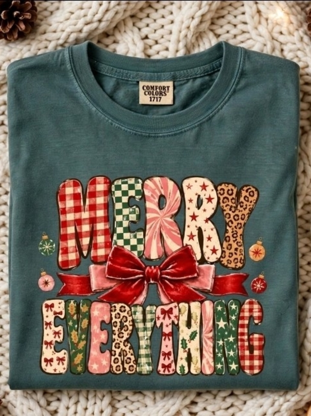 Comfort Colors Womens "Merry Everything" Graphic Tee NWT Spruce/Denim
